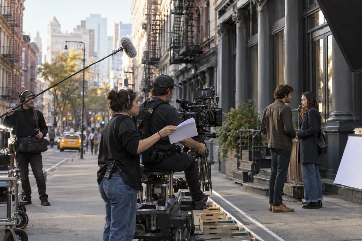 A production crew working together on a city street