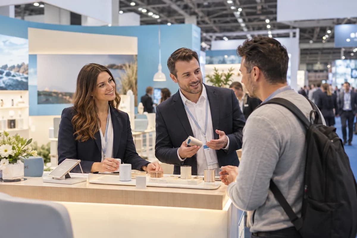 Event professionals talking through details with a visitor at a bright exhibition stand