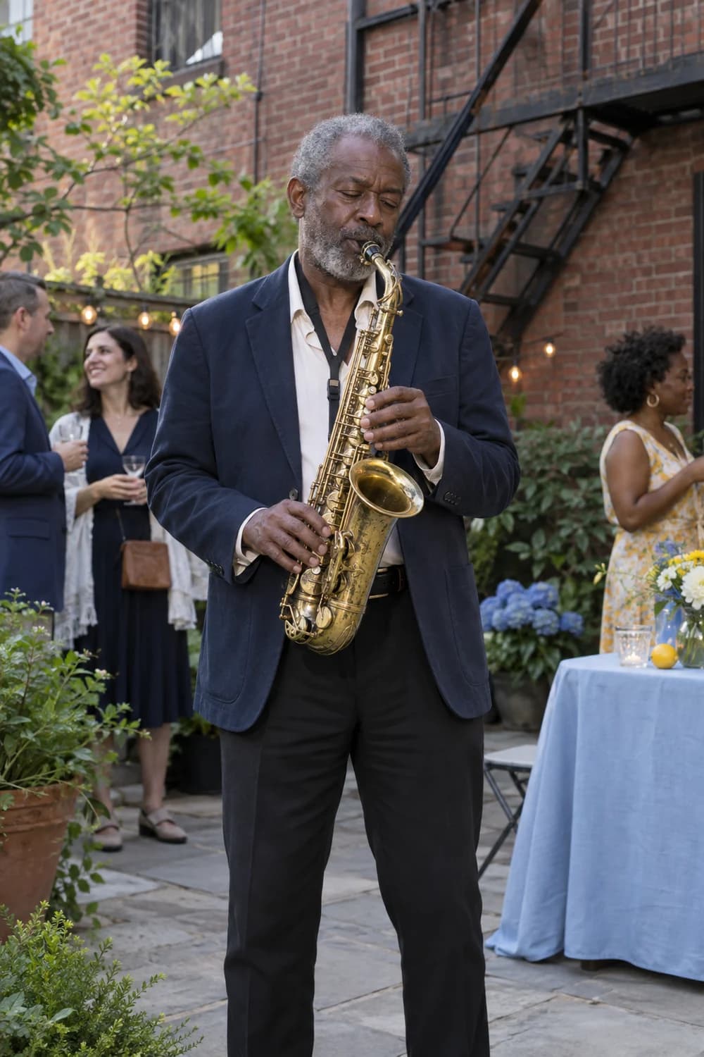 A saxophonist performing at a garden gathering