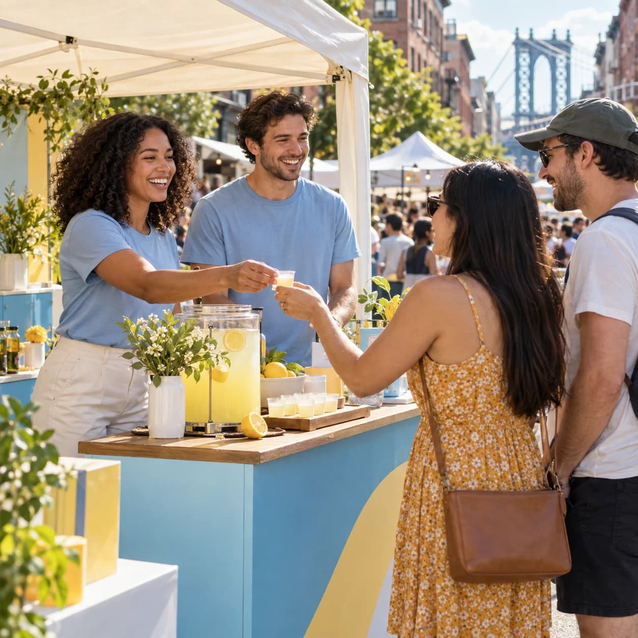 Two brand ambassadors welcoming visitors at a blue and yellow outdoor event stand